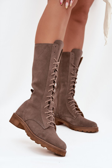 Suede Ankle Boots With Lacing To Mid Calf Zazoo 3103 Dark Beige 2