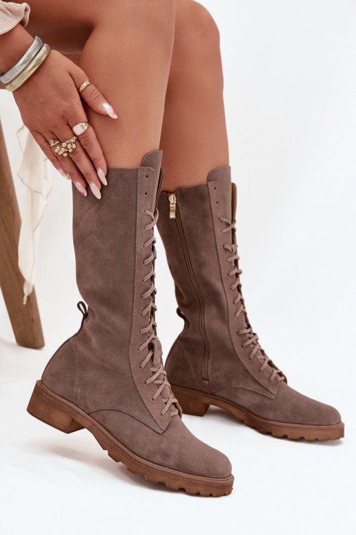 Suede Ankle Boots With Lacing To Mid Calf Zazoo 3103 Dark Beige Suede Ankle Boots With Lacing To Mid Calf Zazoo 3103 Dark Beige