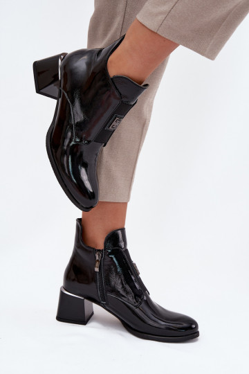 Leather Lacquered Block Heel Boots with Decorative Detail Insulated Zazoo 60560 Black