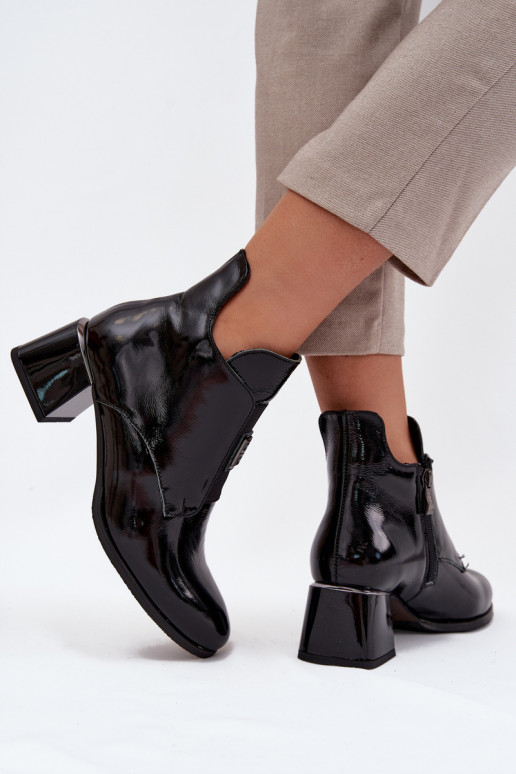Leather Lacquered Block Heel Boots with Decorative Detail Insulated Zazoo 60560 Black Leather Lacquered Block Heel Boots with Decorative Detail Insulated Zazoo 60560 Black