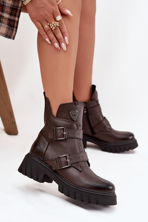 Leather Insulated Women's Boots With Buckles And Ornamental Detail Zazoo 60482 Chocolate Leather Insulated Women's Boots With Buckles And Ornamental Detail Zazoo 60482 Chocolate