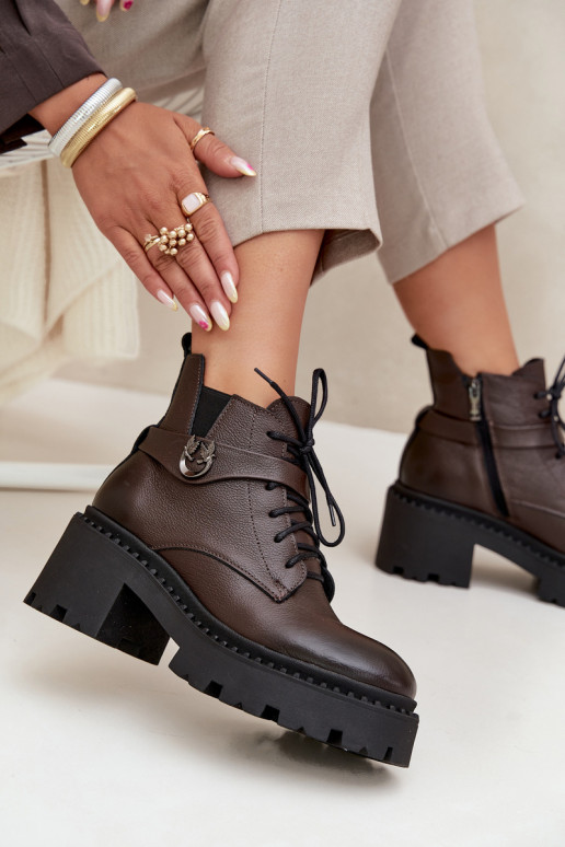 Leather Women's Block Heel Boots with Decorative Strap Lined Zazoo 60557 Chocolate Leather Women's Block Heel Boots with Decorative Strap Lined Zazoo 60557 Chocolate