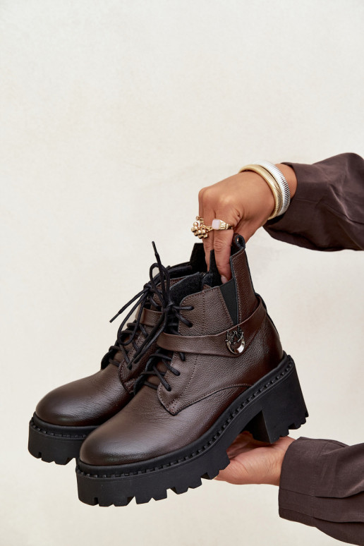 Leather Women's Block Heel Boots with Decorative Strap Lined Zazoo 60557 Chocolate Leather Women's Block Heel Boots with Decorative Strap Lined Zazoo 60557 Chocolate