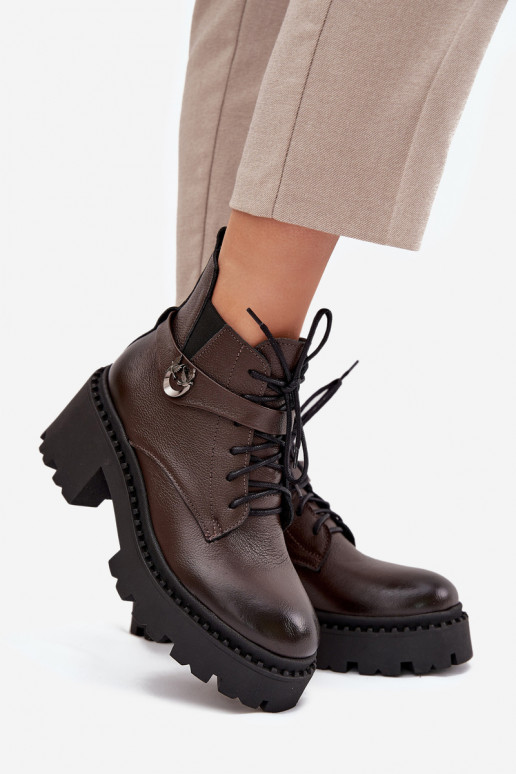 Leather Women's Block Heel Boots with Decorative Strap Lined Zazoo 60557 Chocolate Leather Women's Block Heel Boots with Decorative Strap Lined Zazoo 60557 Chocolate