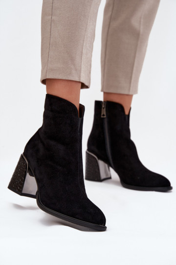 Suede Women's Block Heel Boots with Embossing Lined Vinceza 66801 Black