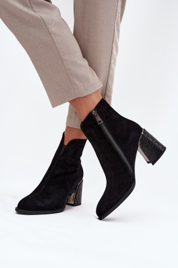 Suede Women's Block Heel Boots with Embossing Lined Vinceza 66801 Black 2