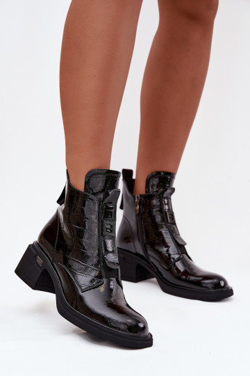 Patent Leather Women's Leather Ankle Boots with Embossing on Block Black Lorenza 2