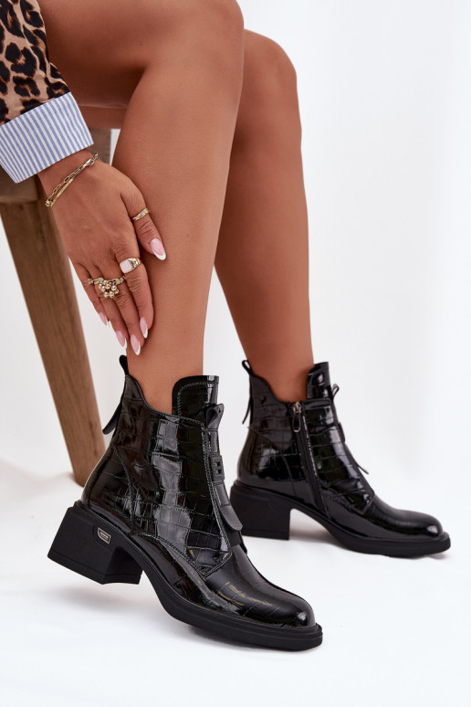 Patent Leather Women's Leather Ankle Boots with Embossing on Block Black Lorenza