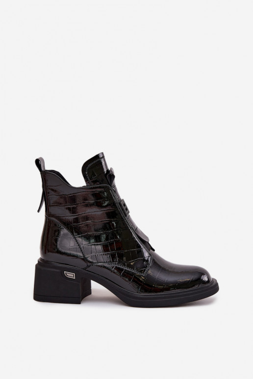 Patent Leather Women's Leather Ankle Boots with Embossing on Block Black Lorenza
