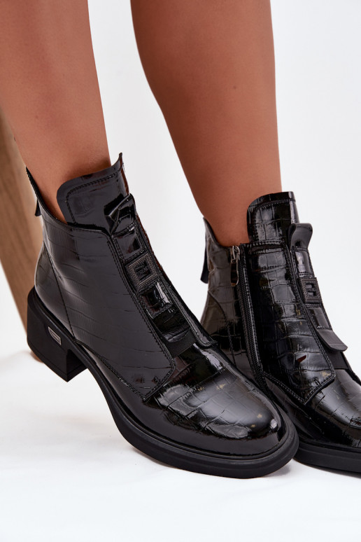 Patent Leather Women's Leather Ankle Boots with Embossing on Block Black Lorenza