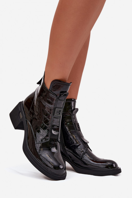 Patent Leather Women's Leather Ankle Boots with Embossing on Block Black Lorenza