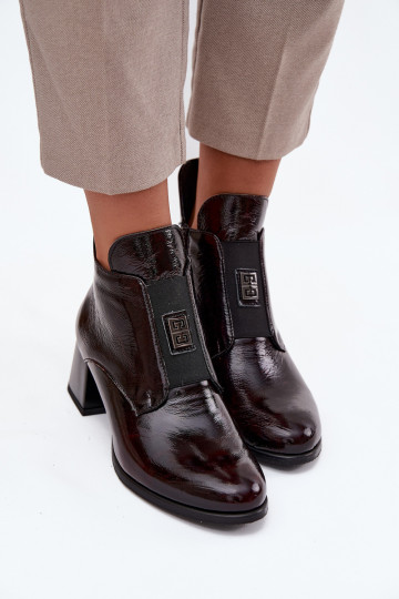 Leather Lacquered Block Heel Ankle Boots with Decorative Detail Insulated Zazoo 60560 Bordeaux