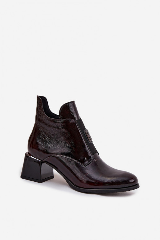 Leather Lacquered Block Heel Ankle Boots with Decorative Detail Insulated Zazoo 60560 Bordeaux