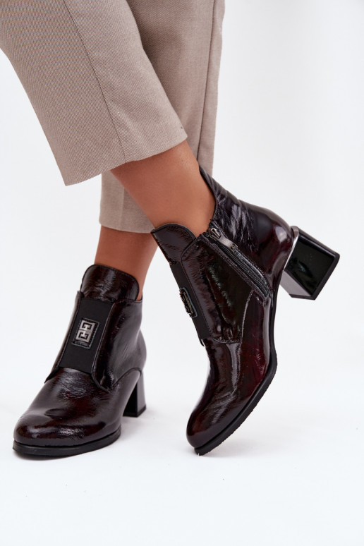 Leather Lacquered Block Heel Ankle Boots with Decorative Detail Insulated Zazoo 60560 Bordeaux