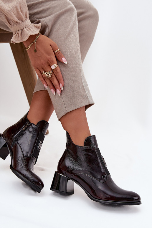 Leather Lacquered Block Heel Ankle Boots with Decorative Detail Insulated Zazoo 60560 Bordeaux