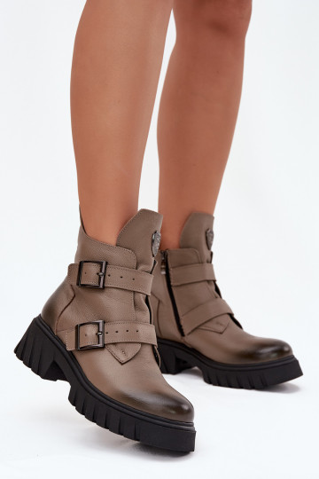Leather Insulated Women's Ankle Boots With Buckles And Decorative Detail Zazoo 60482 Dark Beige 2