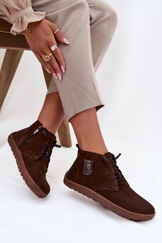 Zamszowe Półbuty Barefoot DamskiewithOzdobnym Detalem Zazoo 30072 Czekoladowe