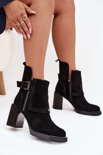 Ankle boots made of genuine suede on a heel with a buckle Vinceza 91152 Black
