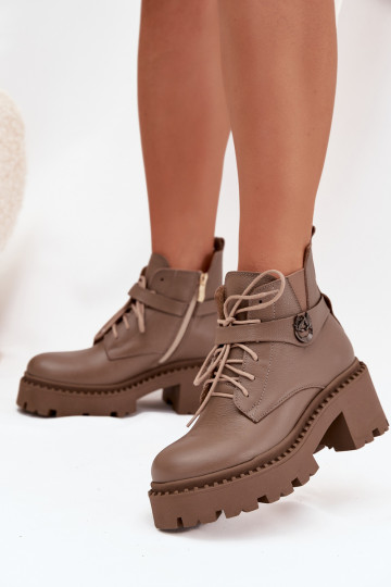 Leather Women's Block Heel Boots with Decorative Strap Lined Zazoo 60557 Dark Beige