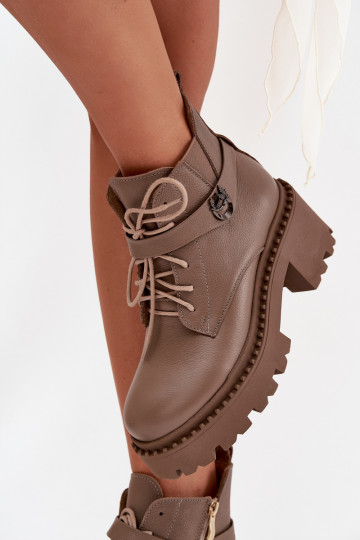 Leather Women's Block Heel Boots with Decorative Strap Lined Zazoo 60557 Dark Beige 2