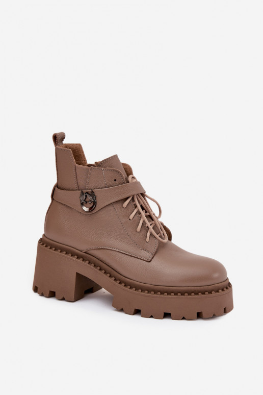 Leather Women's Block Heel Boots with Decorative Strap Lined Zazoo 60557 Dark Beige Leather Women's Block Heel Boots with Decorative Strap Lined Zazoo 60557 Dark Beige