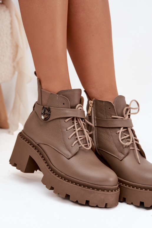 Leather Women's Block Heel Boots with Decorative Strap Lined Zazoo 60557 Dark Beige Leather Women's Block Heel Boots with Decorative Strap Lined Zazoo 60557 Dark Beige