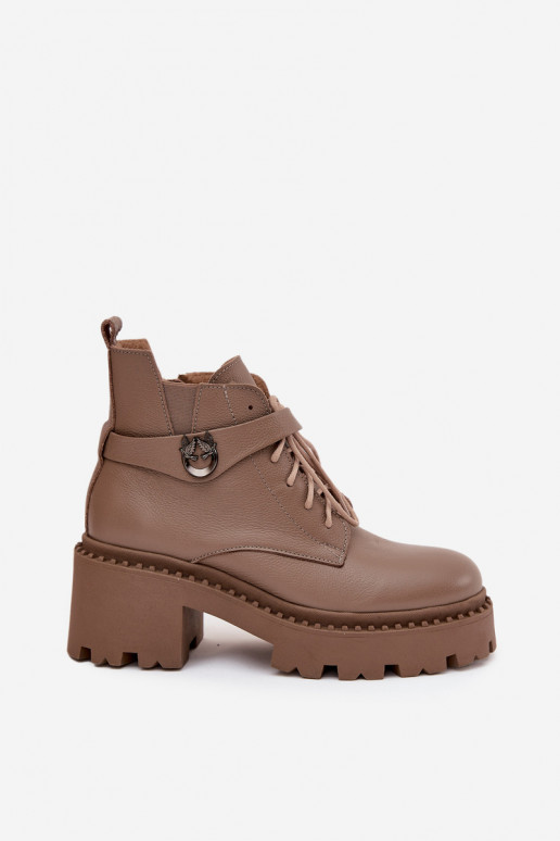 Skórzane Botki Damskie Na KlockuwithOzdobnym Paskiem Ocieplane Zazoo 60557 Ciemnobeżowe