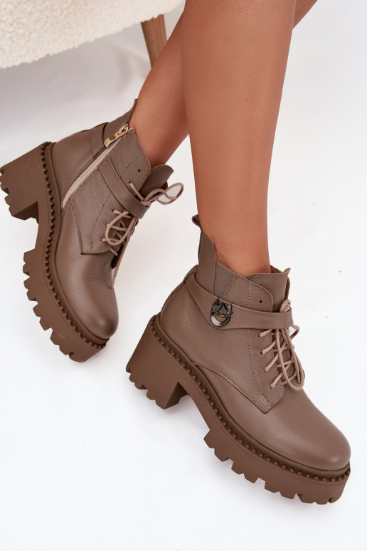 Leather Women's Block Heel Boots with Decorative Strap Lined Zazoo 60557 Dark Beige Leather Women's Block Heel Boots with Decorative Strap Lined Zazoo 60557 Dark Beige