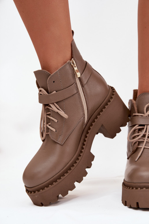 Leather Women's Block Heel Boots with Decorative Strap Lined Zazoo 60557 Dark Beige Leather Women's Block Heel Boots with Decorative Strap Lined Zazoo 60557 Dark Beige