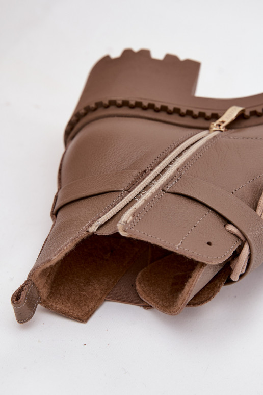 Leather Women's Block Heel Boots with Decorative Strap Lined Zazoo 60557 Dark Beige Leather Women's Block Heel Boots with Decorative Strap Lined Zazoo 60557 Dark Beige