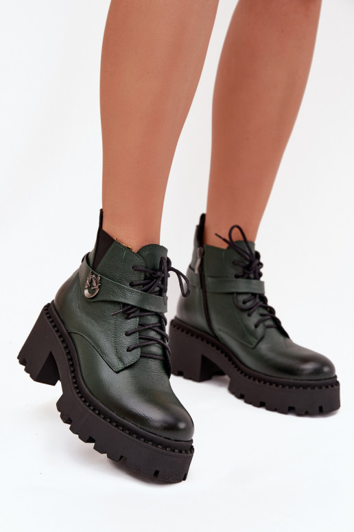 Leather Women's Block Heel Boots with Decorative Strap Insulated Zazoo 60557 Dark Green Leather Women's Block Heel Boots with Decorative Strap Insulated Zazoo 60557 Dark Green