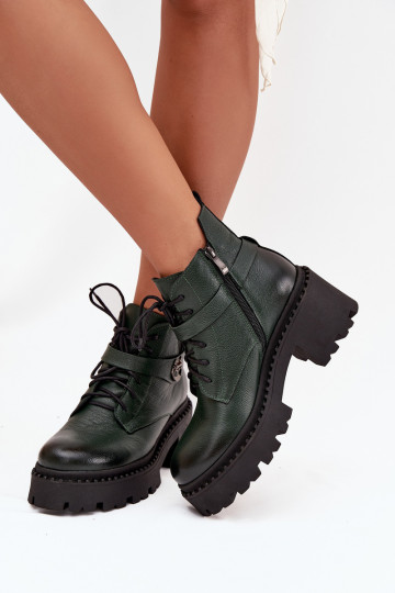 Leather Women's Block Heel Boots with Decorative Strap Insulated Zazoo 60557 Dark Green 2