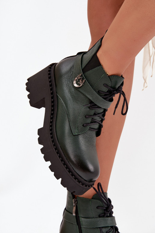 Leather Women's Block Heel Boots with Decorative Strap Insulated Zazoo 60557 Dark Green Leather Women's Block Heel Boots with Decorative Strap Insulated Zazoo 60557 Dark Green