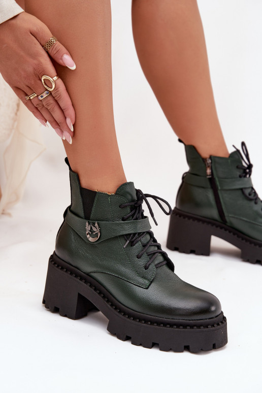 Leather Women's Block Heel Boots with Decorative Strap Insulated Zazoo 60557 Dark Green Leather Women's Block Heel Boots with Decorative Strap Insulated Zazoo 60557 Dark Green