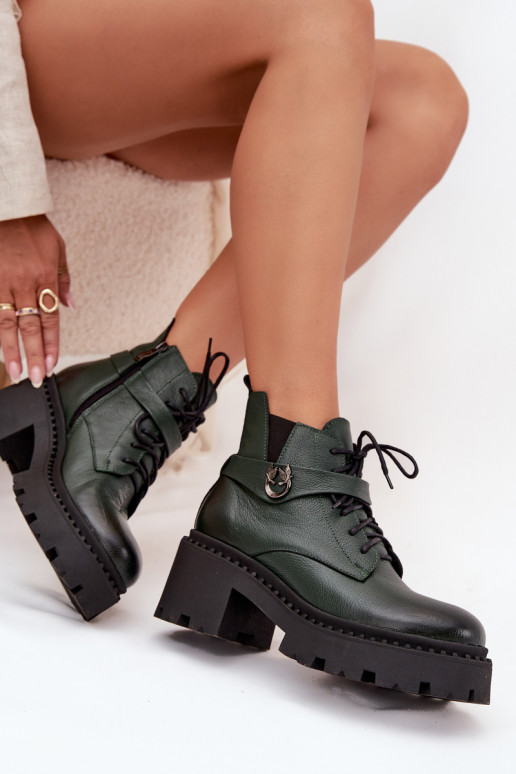 Leather Women's Block Heel Boots with Decorative Strap Insulated Zazoo 60557 Dark Green Leather Women's Block Heel Boots with Decorative Strap Insulated Zazoo 60557 Dark Green