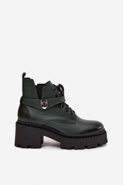 Leather Women's Block Heel Boots with Decorative Strap Insulated Zazoo 60557 Dark Green Leather Women's Block Heel Boots with Decorative Strap Insulated Zazoo 60557 Dark Green