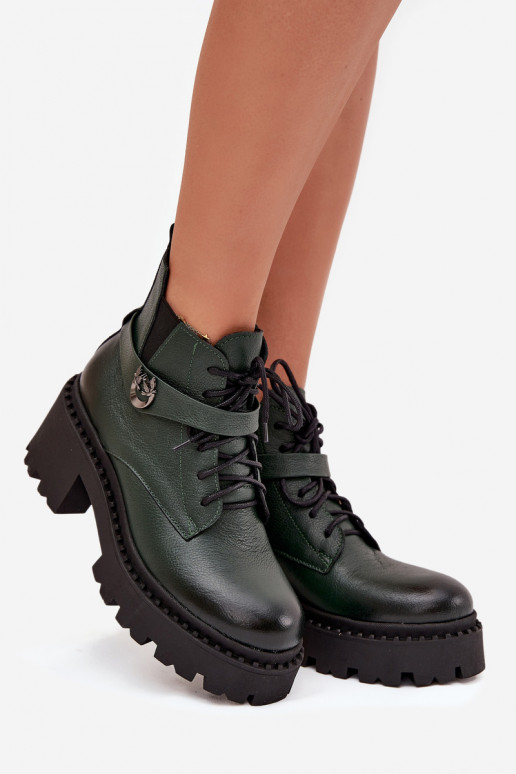 Leather Women's Block Heel Boots with Decorative Strap Insulated Zazoo 60557 Dark Green Leather Women's Block Heel Boots with Decorative Strap Insulated Zazoo 60557 Dark Green