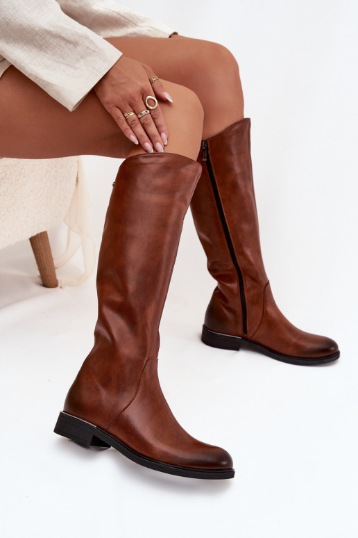 Skórzane Kozaki Damskie Na Płaskim Obcasie Ocieplane Zazoo 70150 Brązowe Skórzane Kozaki Damskie Na Płaskim Obcasie Ocieplane Zazoo 70150 Brązowe
