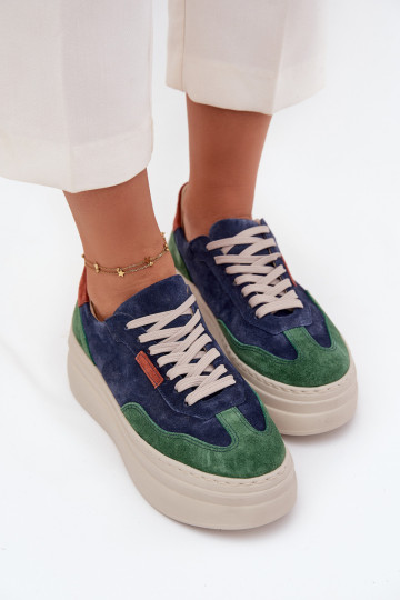 Zamszowe Sneakersy Damskie Na Platformie Zazoo N1269S3 Zielono-Granatowe