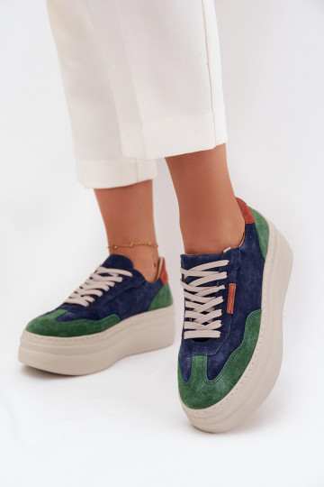 Zamszowe Sneakersy Damskie Na Platformie Zazoo N1269S3 Zielono-Granatowe 2