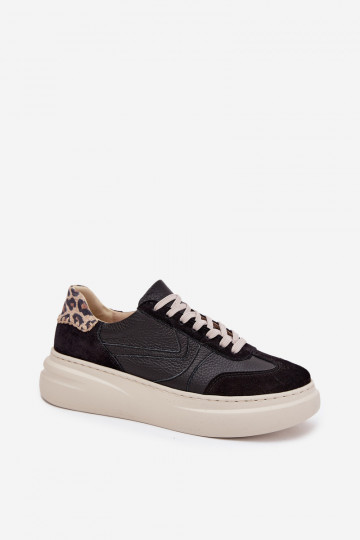 Skórzane Sneakersy Damskie Na Platformie Panterka Zazoo N1263 Czarne 2