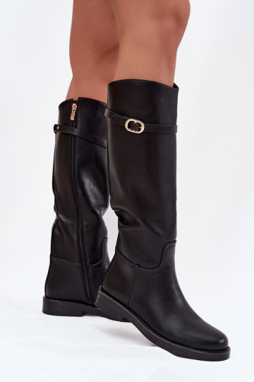 Women's Flat Heel Boots with Strap and Gold Buckle Black Sylvena