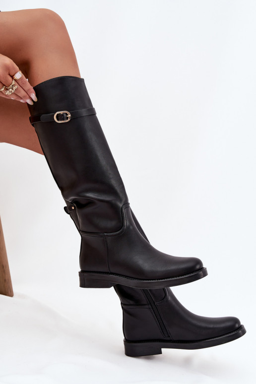 Women's Flat Heel Boots with Strap and Gold Buckle Black Sylvena