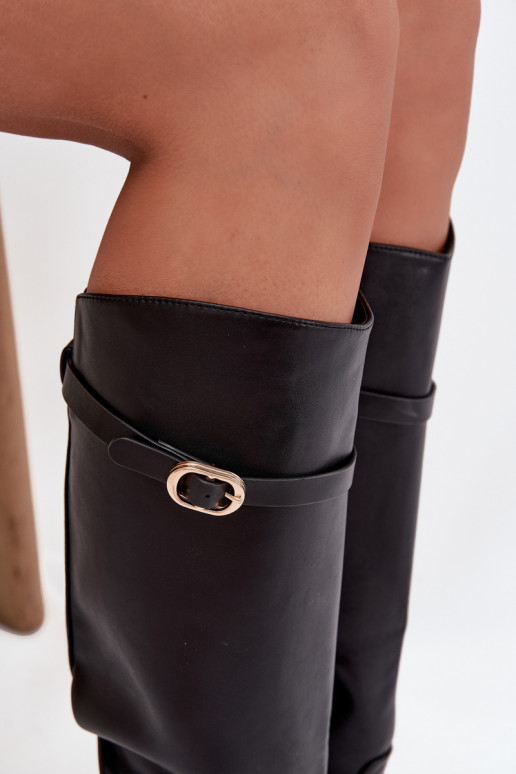 Women's Flat Heel Boots with Strap and Gold Buckle Black Sylvena