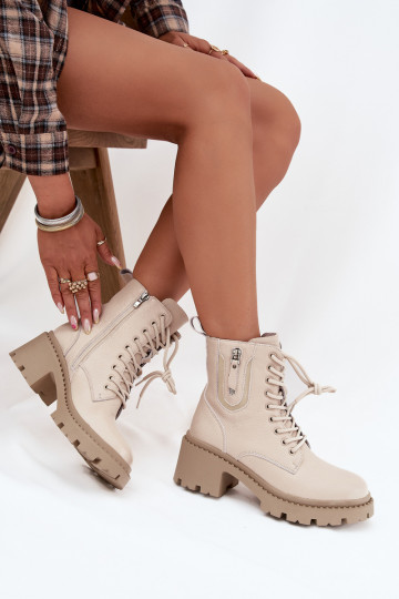 Leather Women's Block Heel Boots With Lining Vinceza 86418 Beige