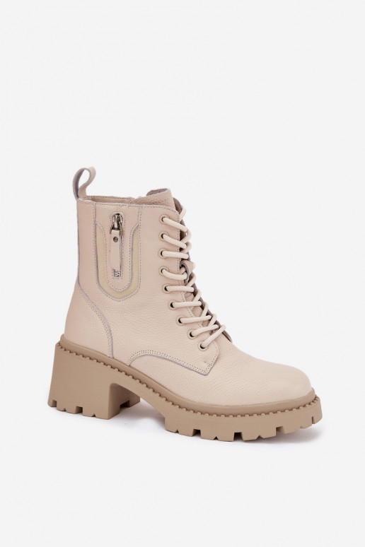 Leather Women's Block Heel Boots With Lining Vinceza 86418 Beige Leather Women's Block Heel Boots With Lining Vinceza 86418 Beige