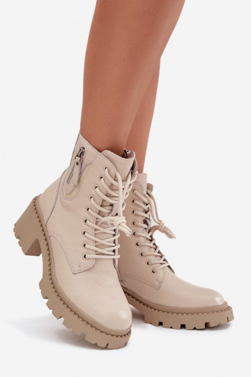 Leather Women's Block Heel Boots With Lining Vinceza 86418 Beige Leather Women's Block Heel Boots With Lining Vinceza 86418 Beige