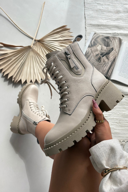 Leather Women's Block Heel Boots With Lining Vinceza 86418 Beige Leather Women's Block Heel Boots With Lining Vinceza 86418 Beige