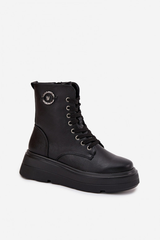 Botki Workery Damskie Ocieplane Na PlatformiewithOzdobnym Detalem Vinceza 16513 Czarne