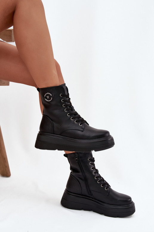 Botki Workery Damskie Ocieplane Na PlatformiewithOzdobnym Detalem Vinceza 16513 Czarne
